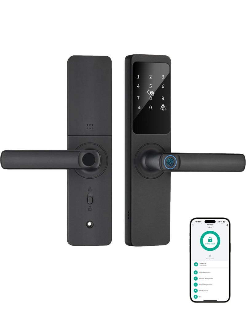 الينك قفل باب ذكي من **A-Link** مزود بتقنية **Wi-Fi** وتحكم عن بُعد عبر تطبيق **Tuya** | يشمل جسم قفل **4585**، و**5 بطاقات IC**، و**4 بطاريات AA** | **5 طرق لفتح القفل** (بصمة الإصبع / كلمة مرور / بطاقة / التطبيق / المفتاح) - Image 1